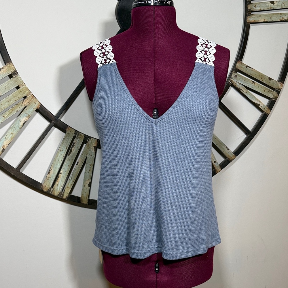 Blue Knit Tank with Lace Straps New